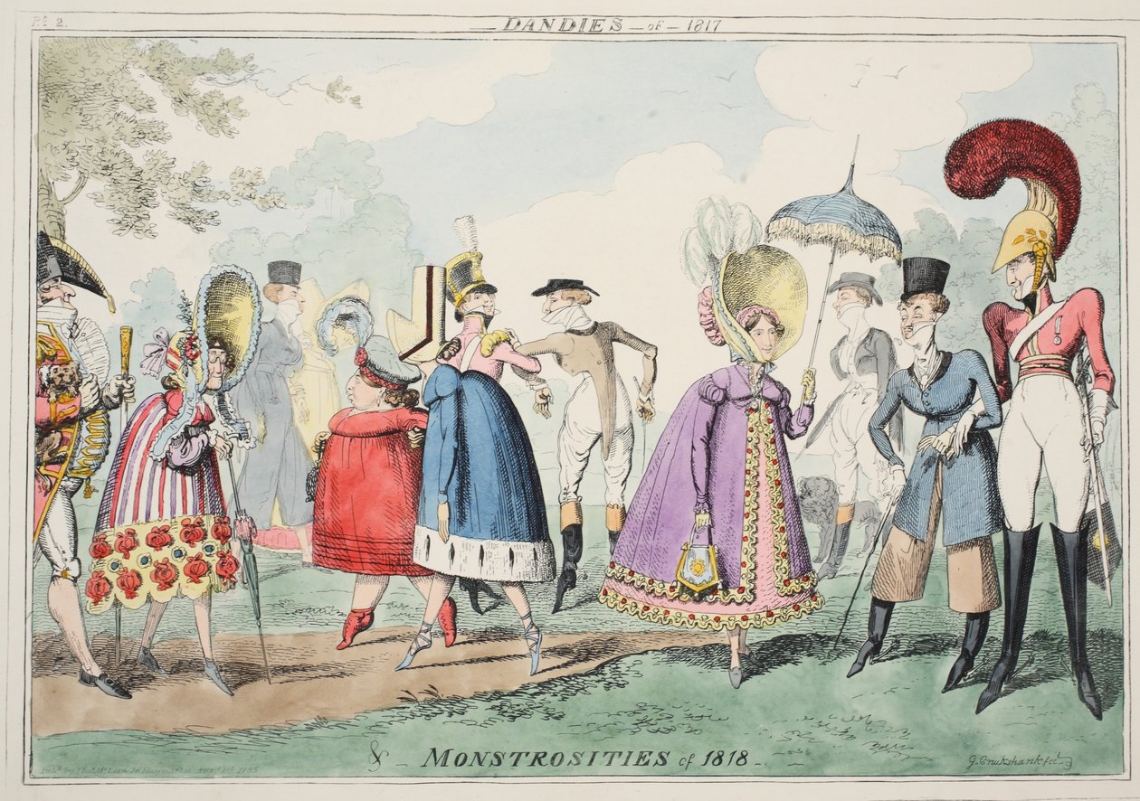 Dandies of 1817 and Monstrosities of 1818, pub. 1835 (kézzel festett akvatinta) alkotó: George Cruikshank