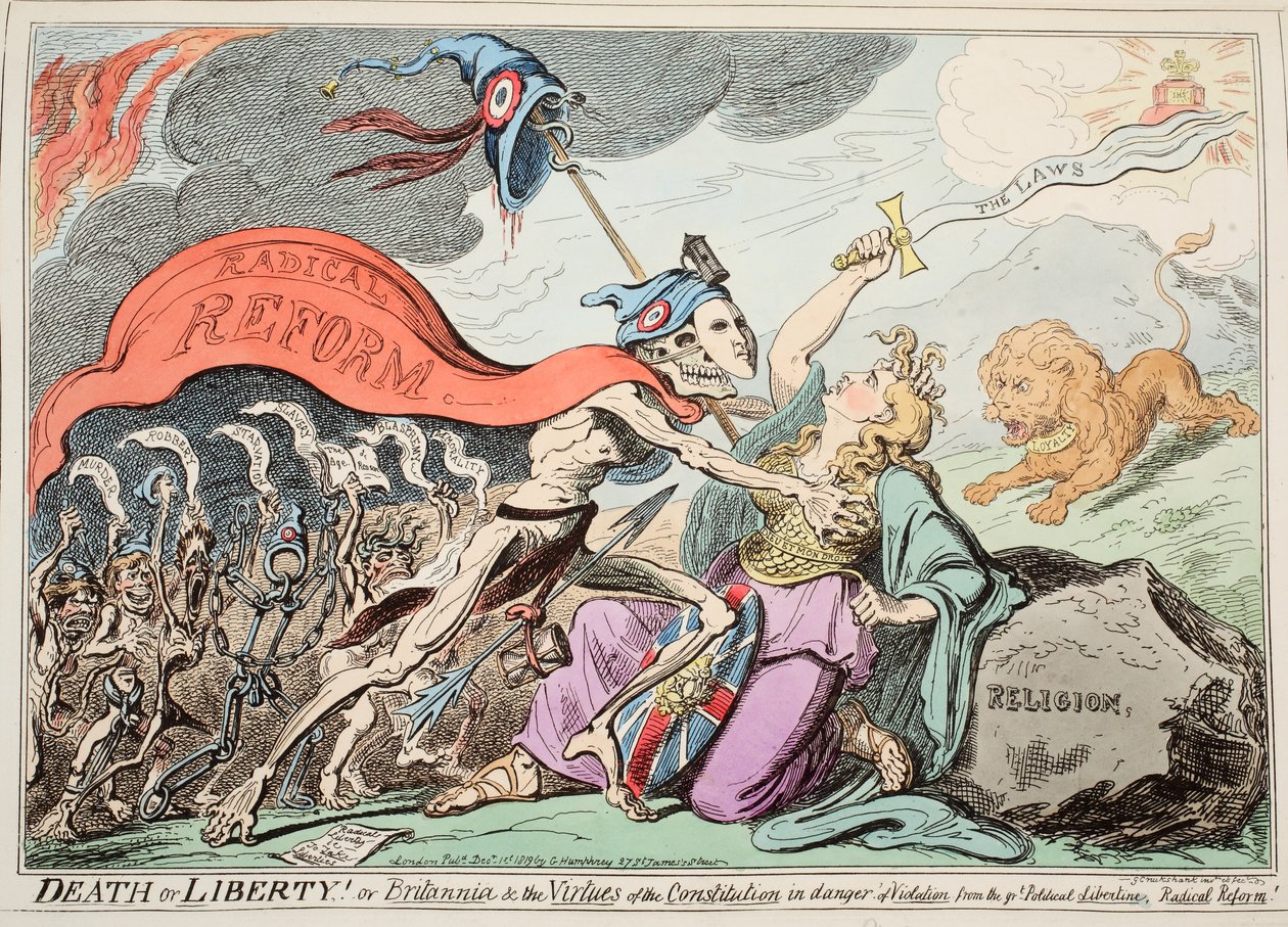 Halál vagy Szabadság! Vagy Britannia és az Alkotmány erényei a Nagy Politikai Szabadság megsértése veszélyében, Radikális Reform!, kocsma. 1819 (kézzel színezett rézkarc) alkotó: George Cruikshank