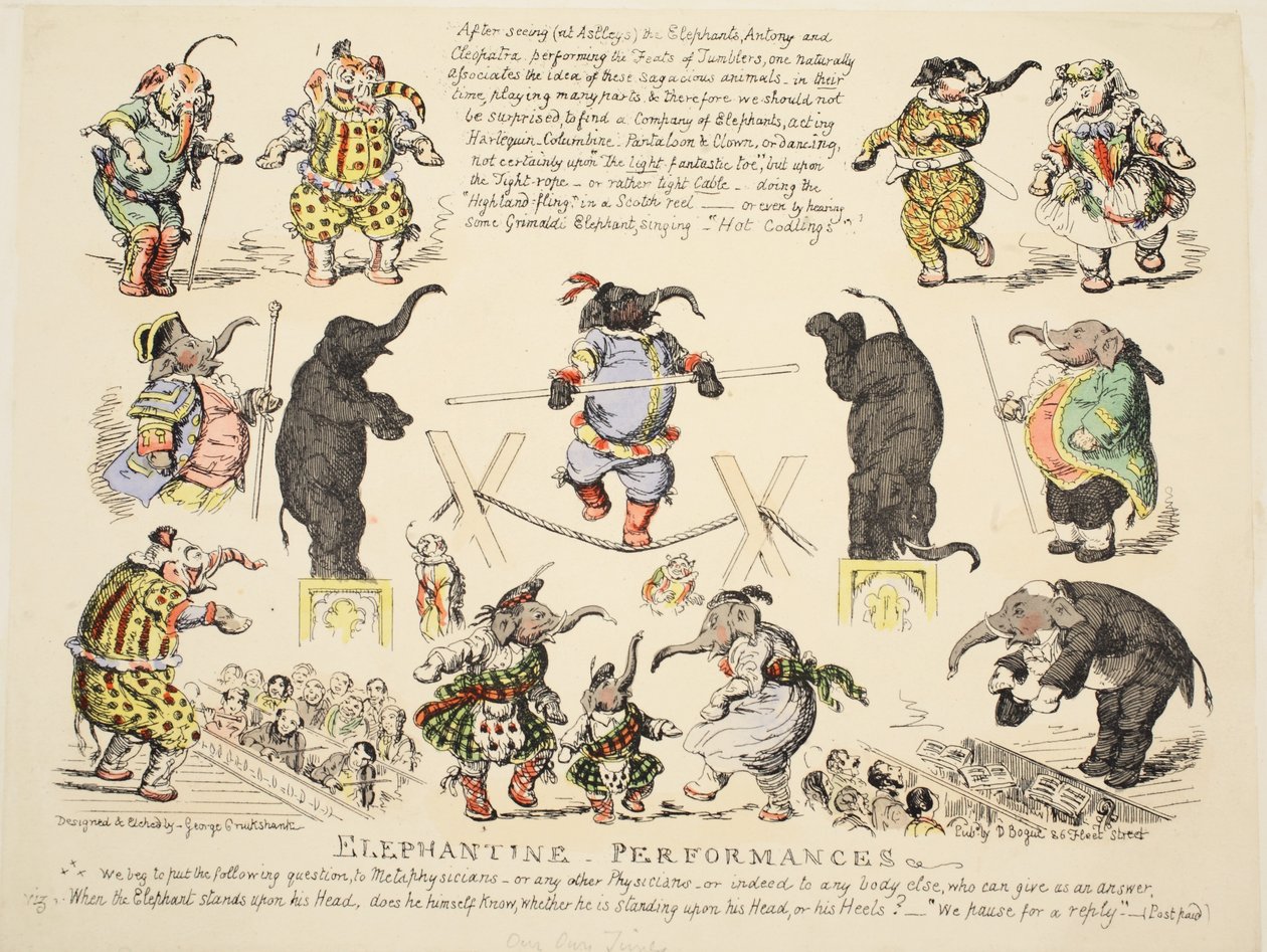 Elefánt előadások, kocsma. 1854 körül (kézzel színezett rézkarc) alkotó: George Cruikshank