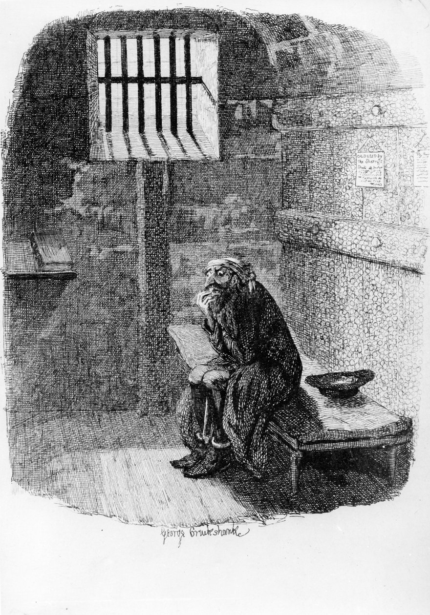 Fagin az elítélt cellában, illusztráció: Charles Dickens „Oliver Twist”, 1838 alkotó: George Cruikshank