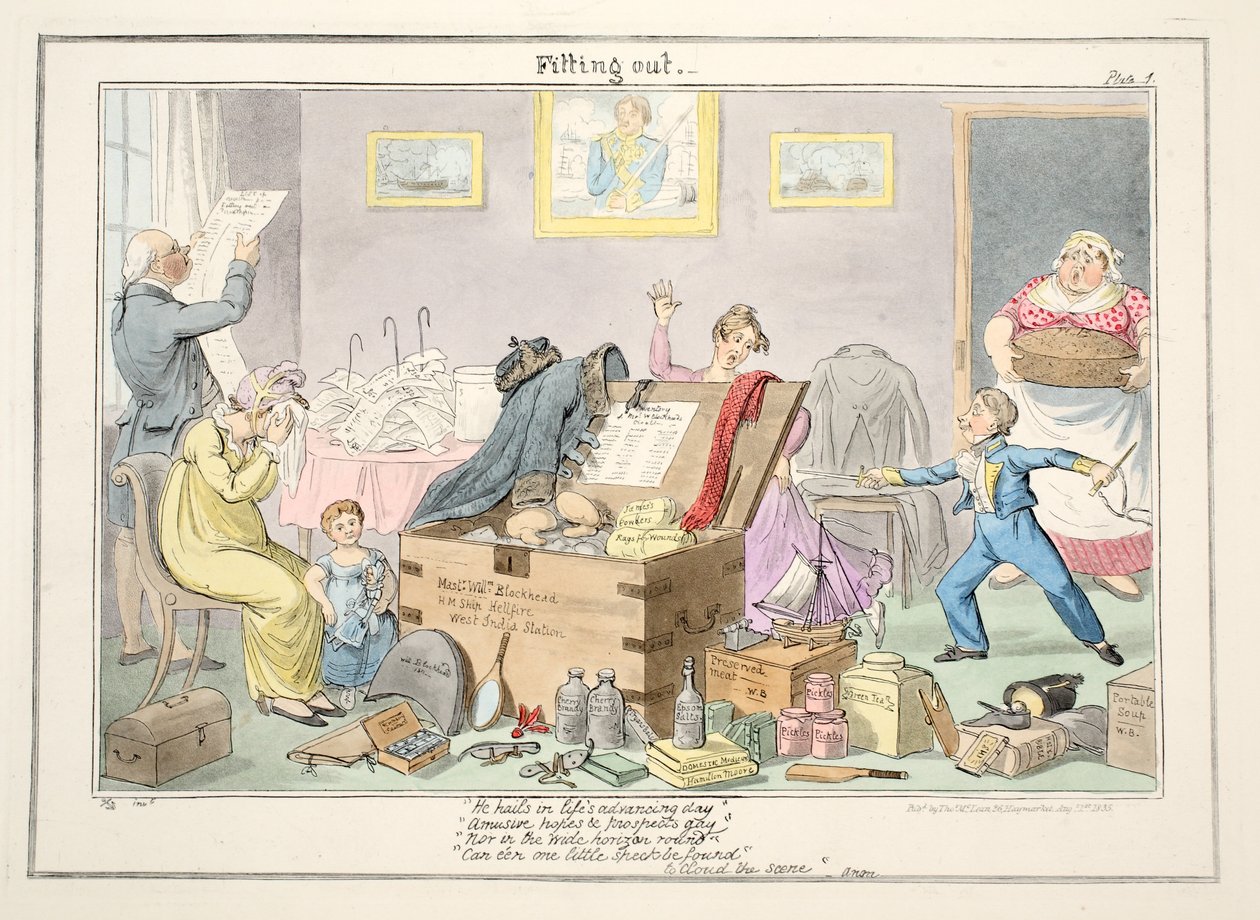 Felszerelés, Egy középhajós fejlődése, 1835 (kézzel színezett metszet) alkotó: George Cruikshank