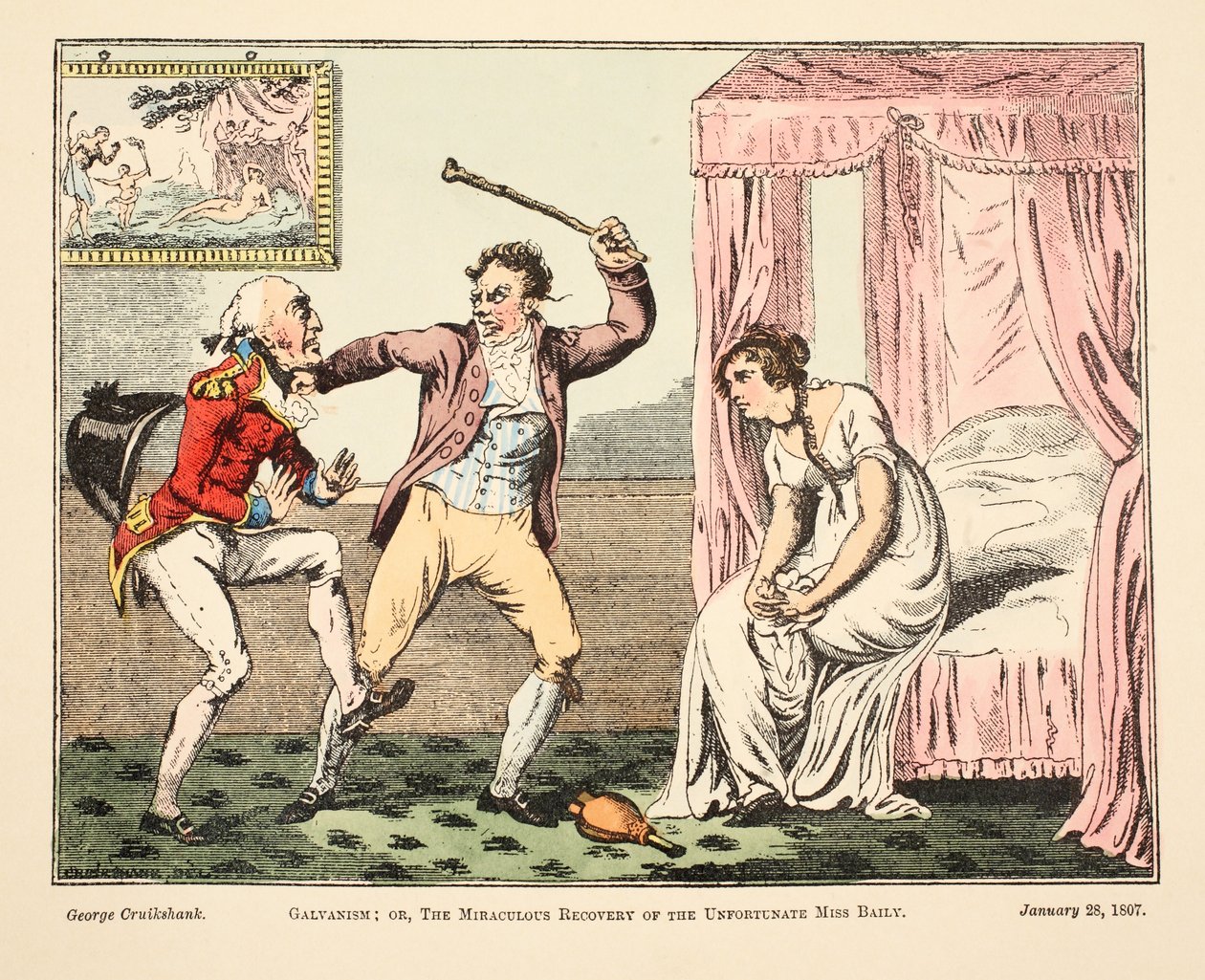 Galvanizmus; vagy a szerencsétlen Miss Baily csodálatos gyógyulása, pub. 1807 (kézi színes metszet) alkotó: George Cruikshank