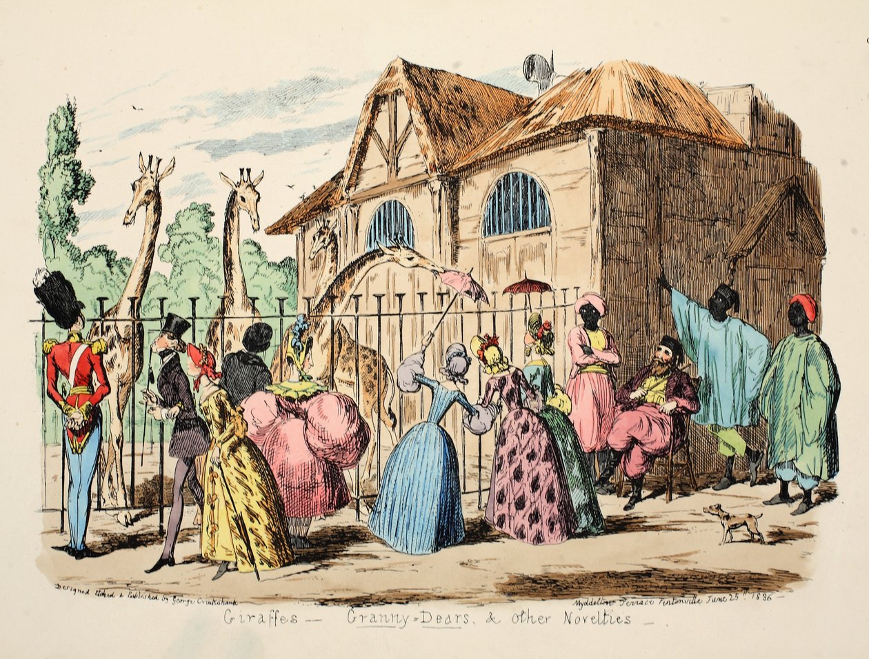 Zsiráfok - Nagymamák és más újdonságok, pub. 1886 (kézi színes metszet) alkotó: George Cruikshank