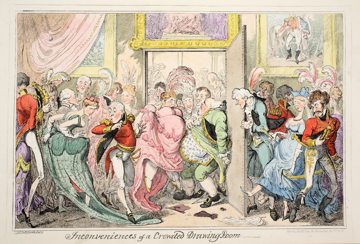 A zsúfolt szalon, kocsma kellemetlenségei. 1835 (kézzel színezett rézkarc) alkotó: George Cruikshank