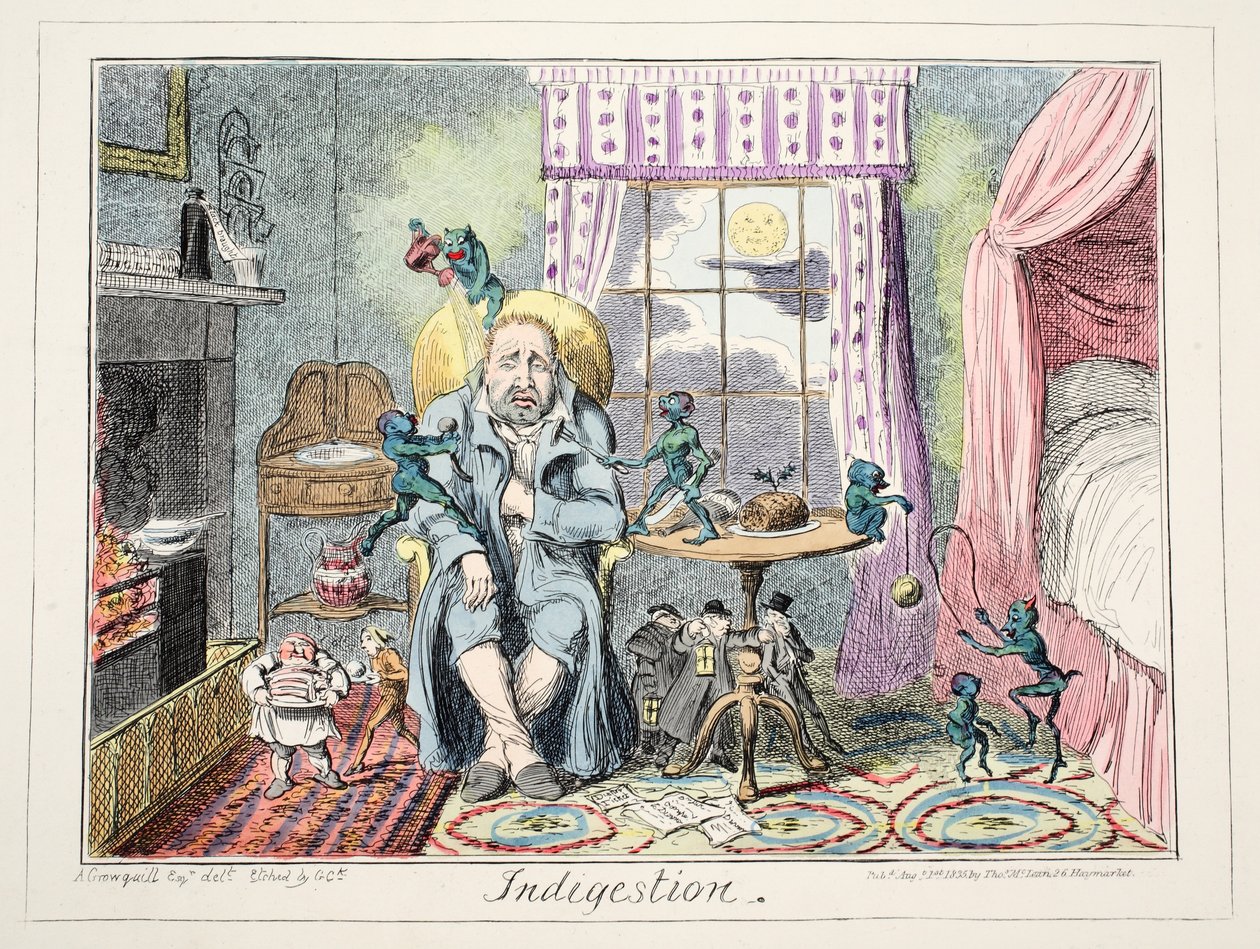 Emésztési zavar, 1835 (kézzel színezett metszet) alkotó: George Cruikshank
