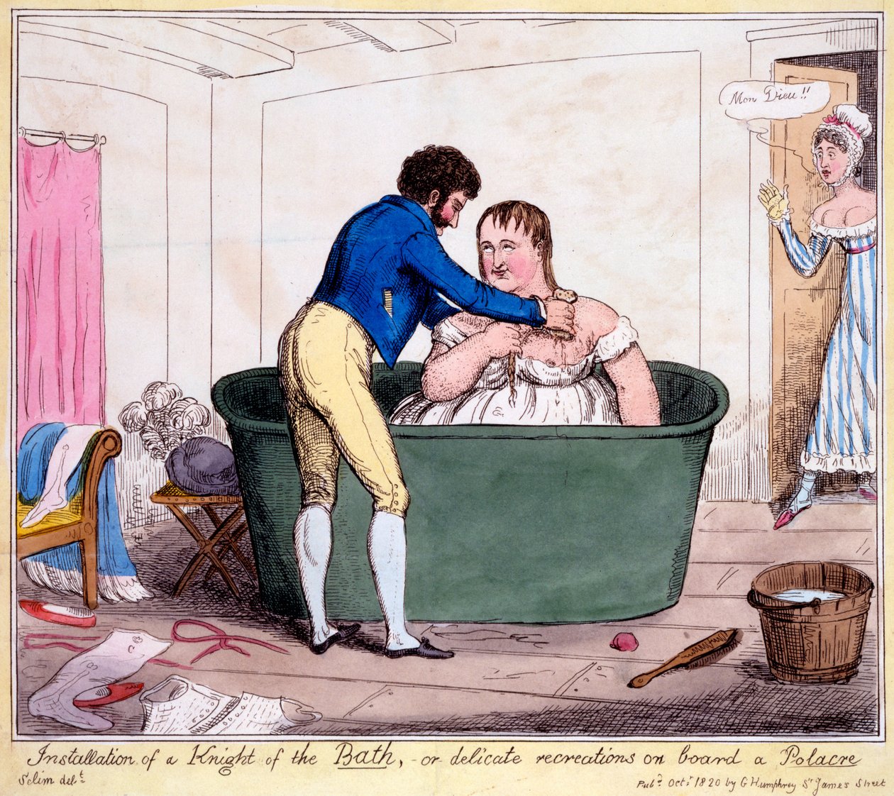 A fürdő lovagjának felszerelése, vagy finom kikapcsolódás egy Polacre fedélzetén, 1820 (kézzel színezett metszet) alkotó: George Cruikshank