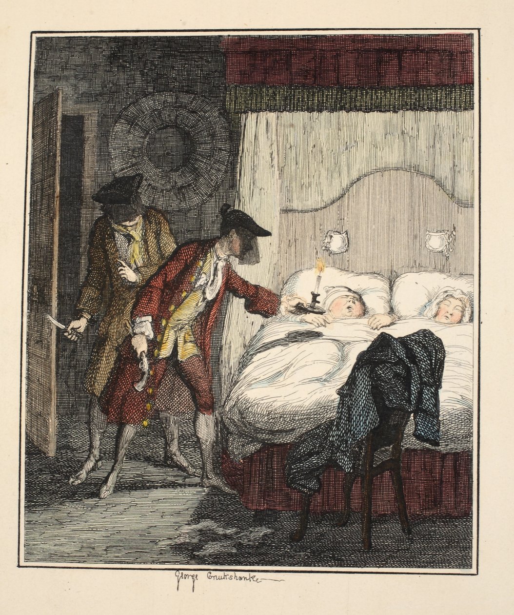 Jack Sheppard és Blueskin a Mr. Woods hálószobában, illusztráció: Jack Sheppard: A romantika, William Harrison Ainsworth, megjelent 1839-ben (kézzel színes rézkarc) alkotó: George Cruikshank