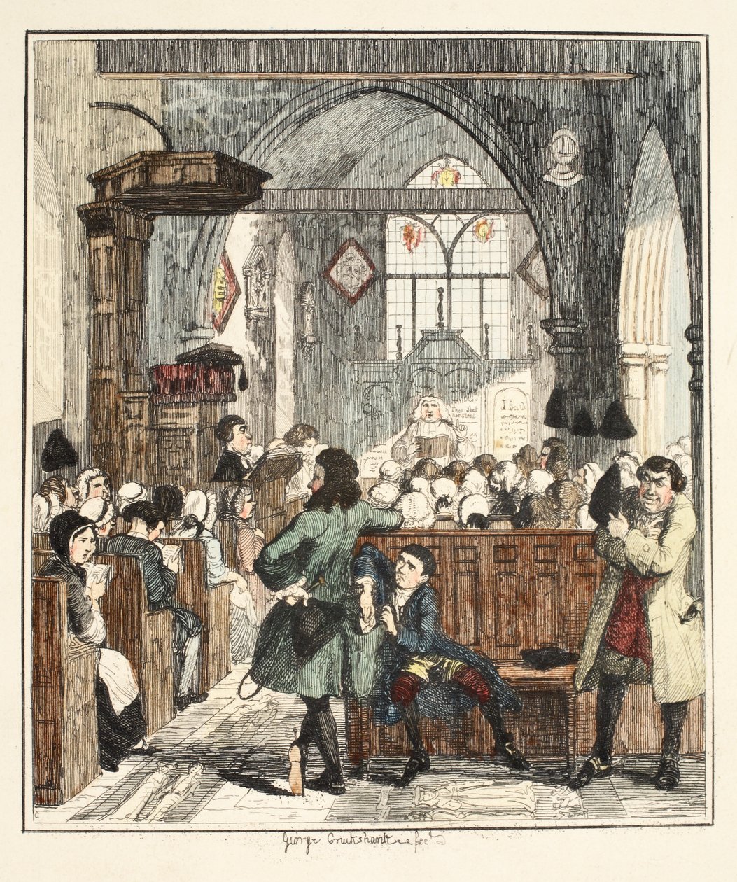 Jack Sheppard rablást követ el a Willesden templomban, illusztráció: Jack Sheppard: A romantika, William Harrison Ainsworth, megjelent 1839-ben (kézzel színes rézkarc) alkotó: George Cruikshank