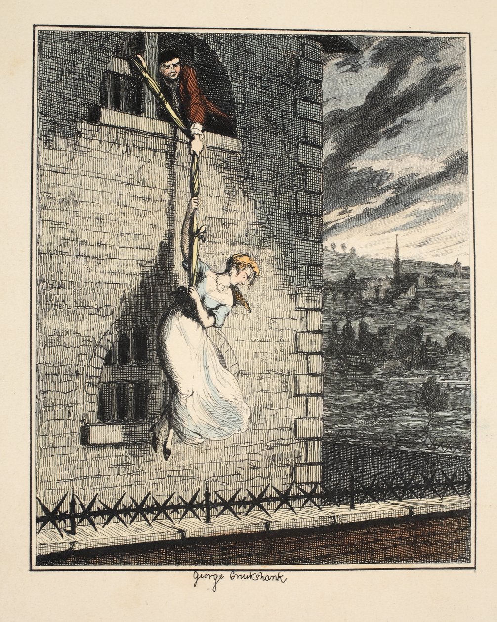 Jack Sheppard Edgeworth Bess társaságában, megszökik a Clerkenwell börtönből, illusztráció: Jack Sheppard: A romantika, William Harrison Ainsworth, megjelent 1839-ben (kézzel színes rézkarc) alkotó: George Cruikshank