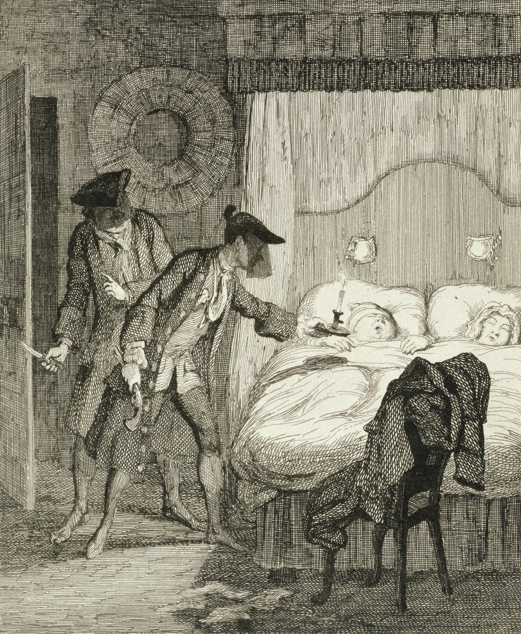Jack és cinkosa, Blueskin kirabolják Mr. Woodot és a feleségét a hálószobájukban. Illusztráció William Harrison Ainsworth „Jack Sheppard: A románc” című művéből, 1839. alkotó: George Cruikshank
