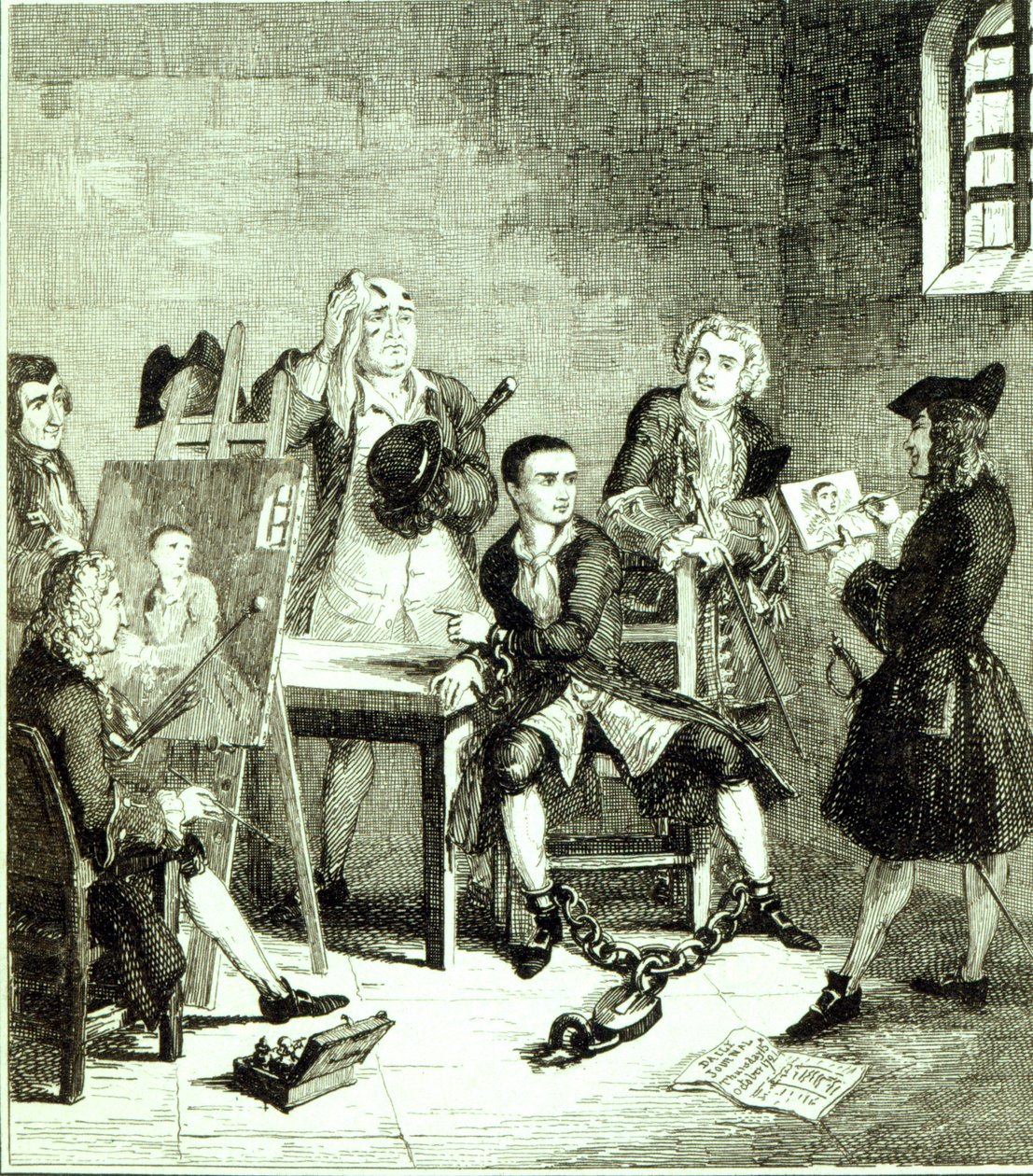 Jack Newgate Wardban Sir James Thornhill és William Hogarth portréival, illusztrációja William Harrison Ainsworth „Jack Sheppard: A románc” című könyvéből, 1839-ben. alkotó: George Cruikshank