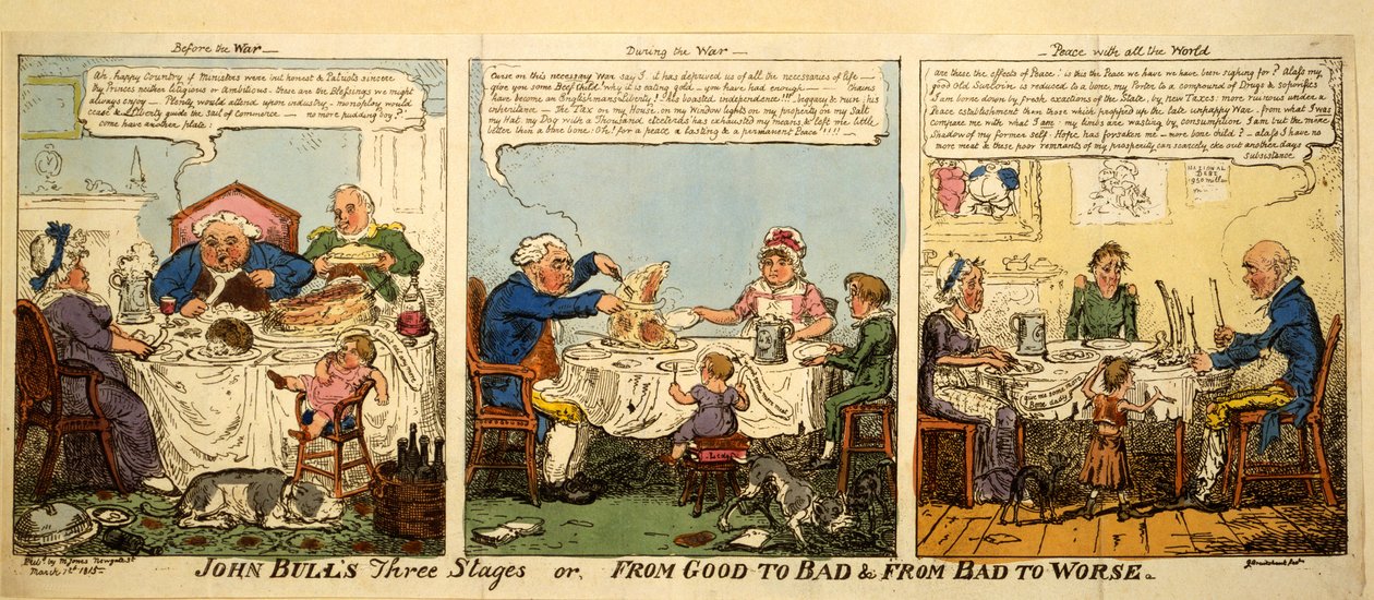 John Bull három szakasza avagy a jóból rosszba és a rosszból a rosszba, 1815 (kézzel színezett metszet) alkotó: George Cruikshank