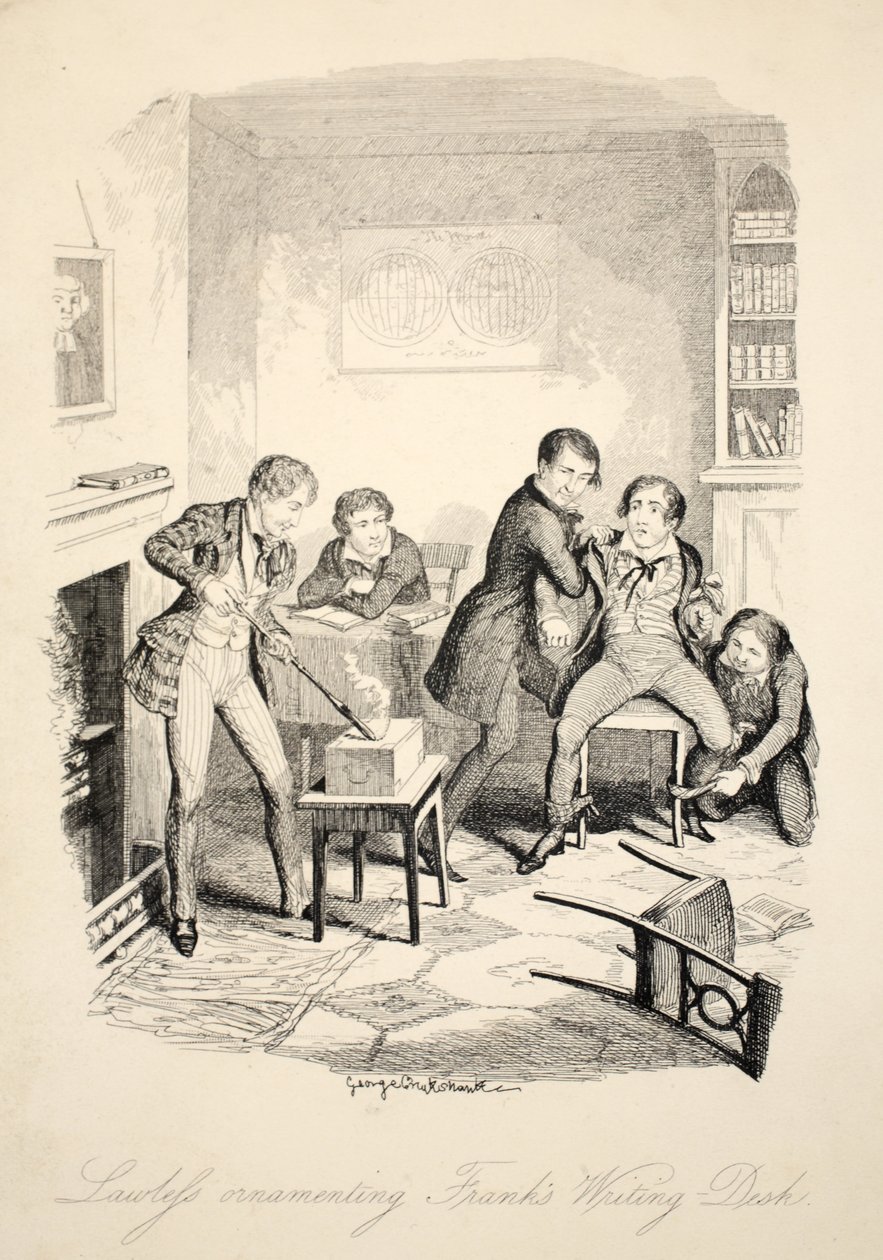 Lawleys díszítése Franks íróasztalán, a Frank Fairlegh vagy jelenetek egy magántanítvány életéből című könyvből, 1870 körüli kiadás. alkotó: George Cruikshank