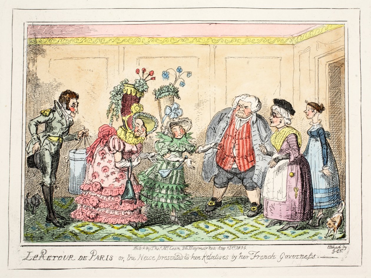 Le Retour de Paris, vagy az unokahúg, akit a francia kormányzója ajándékozott meg rokonainak, kocsma. 1835 (kézzel színezett rézkarc) alkotó: George Cruikshank