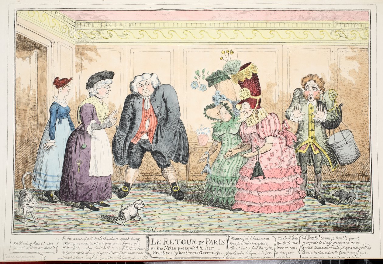 Le Retour de Paris, avagy a francia nevelőnő által rokonainak bemutatott unokahúg, 1816 (kézzel színezett metszet) alkotó: George Cruikshank