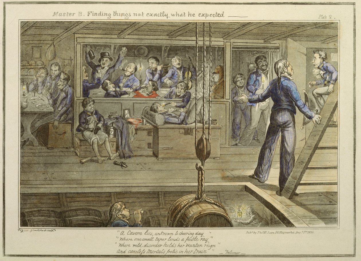 B mester olyan dolgokat talált, amelyek nem pont azt, amit várt, a Thomas McLean által 1835. augusztus 1-jén kiadott „The Progress of a Midshipman” című könyvből (színes akvatinta) alkotó: George Cruikshank