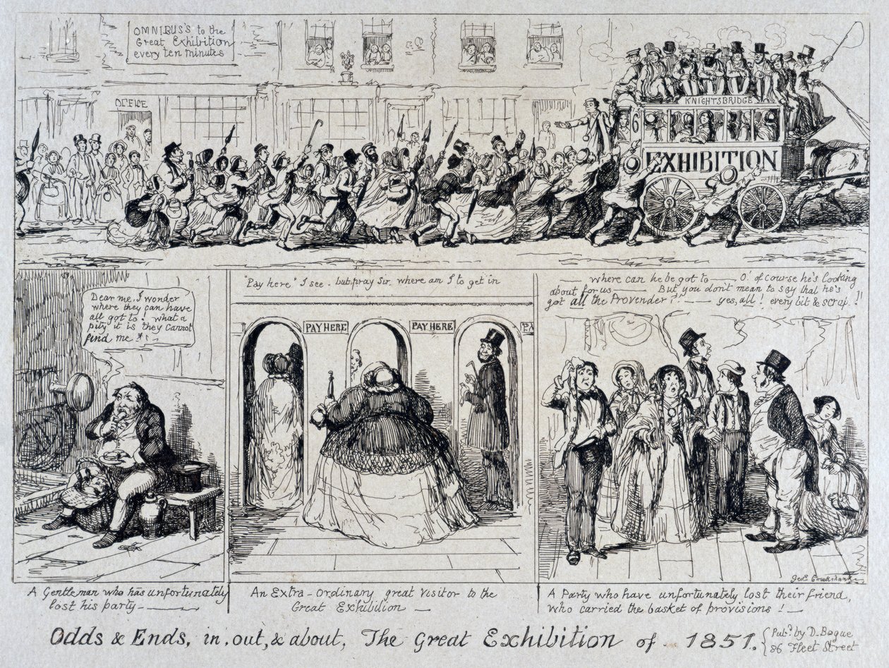 Mayhew 1851-es nagy kiállítása: esélyek és végek, be, ki és kb, 1851 alkotó: George Cruikshank