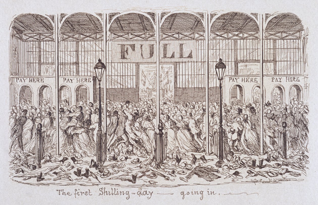 Mayhew 1851-es nagy kiállítása: Az első shilling nap – Going In, 1851 alkotó: George Cruikshank