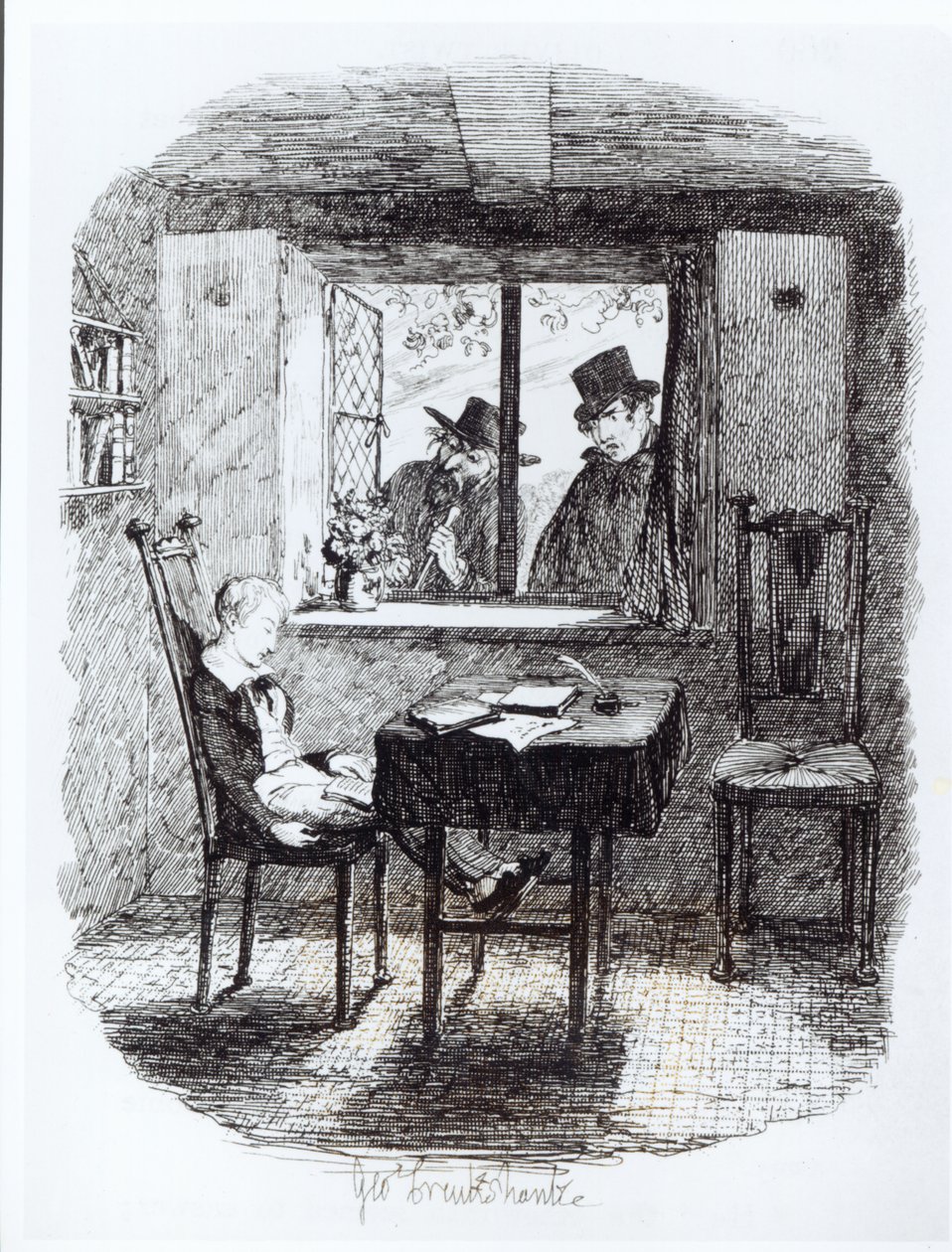 A szerzetesek és a zsidó fedezze fel Olivert, Charles Dickens „Oliver Twist” című illusztrációja, 1838 alkotó: George Cruikshank