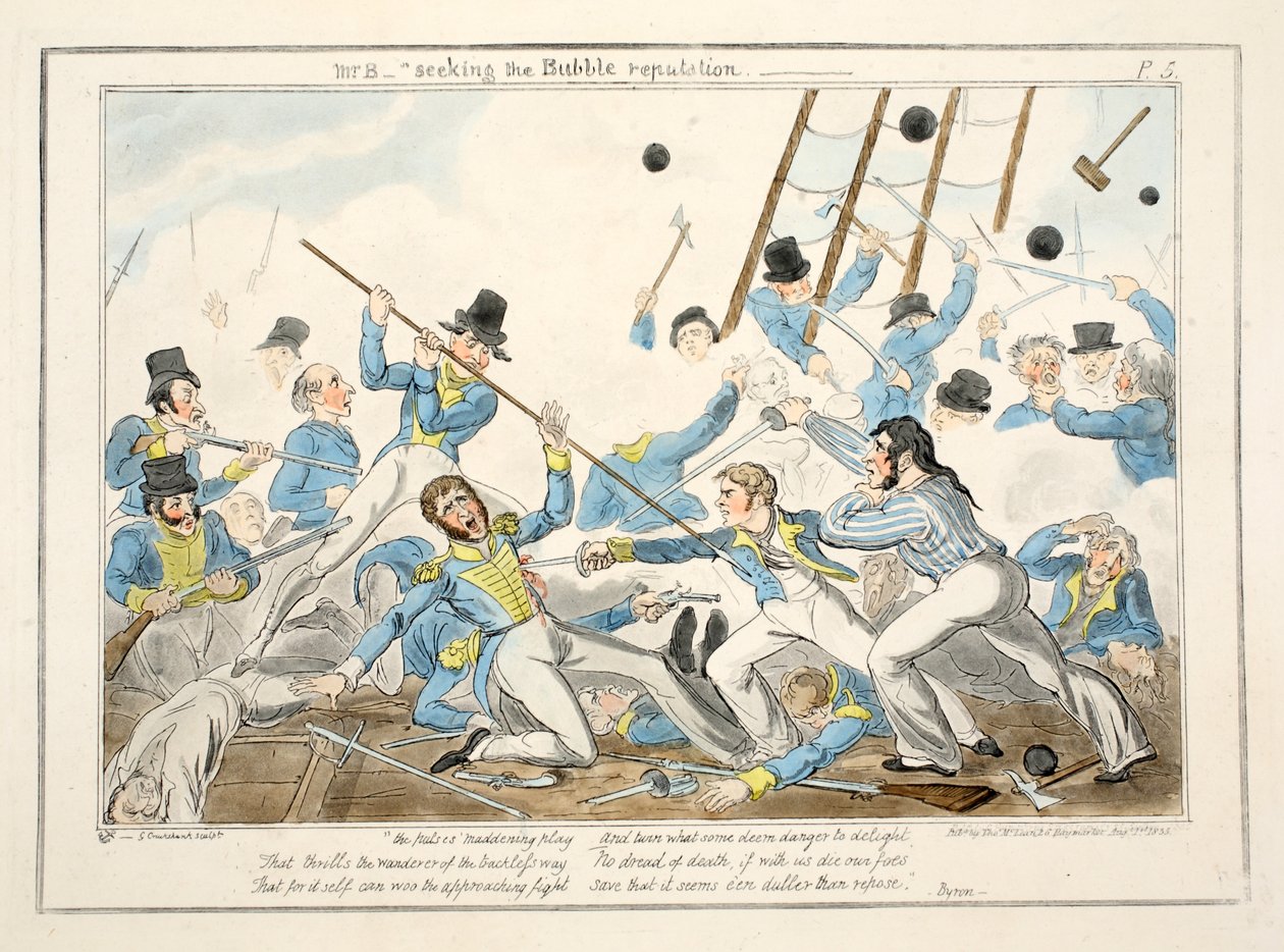 Mr. B - A buborék hírnevét keresi, A tengerészgyalogos fejlődése című kötetből, 1835 (kézi színezésű metszet) alkotó: George Cruikshank