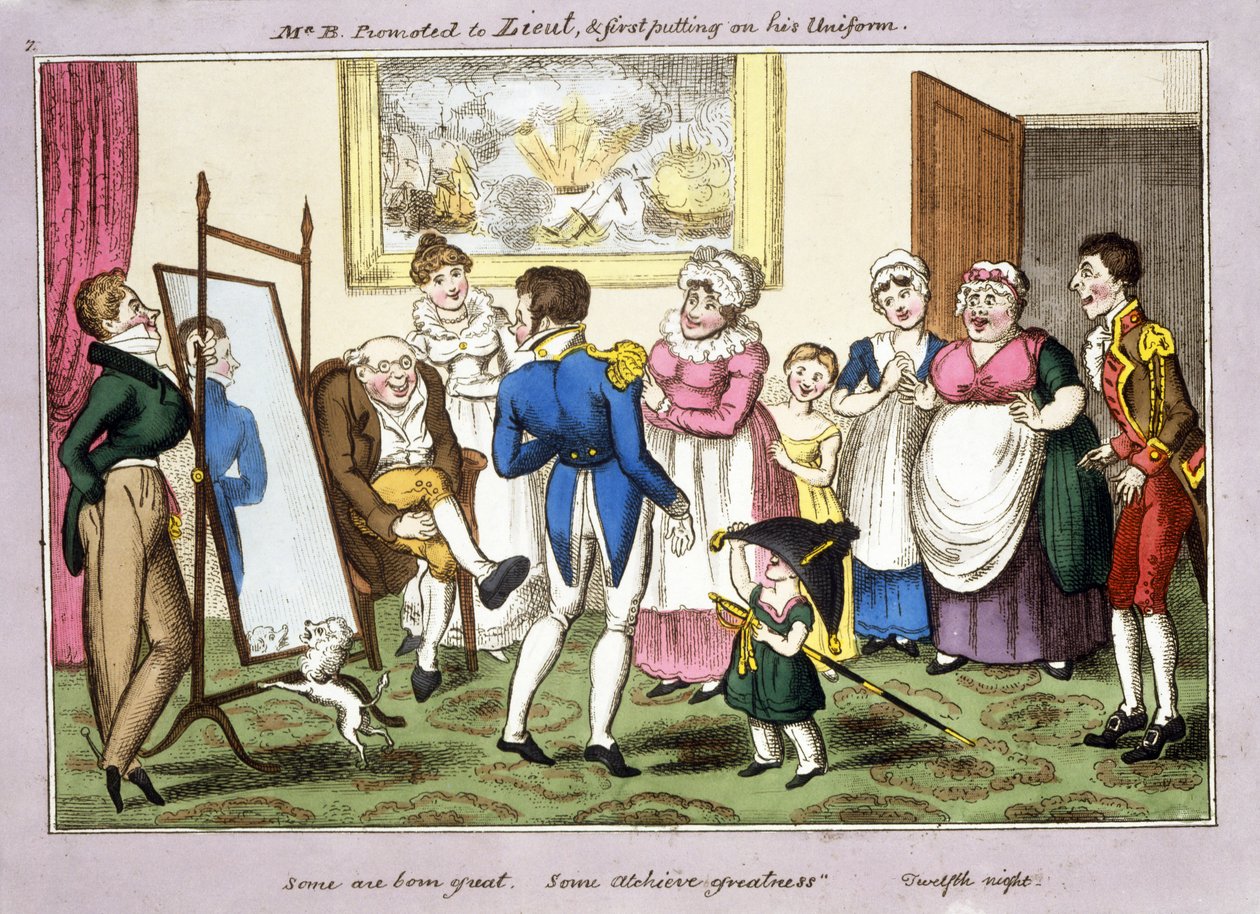 B. úr előléptetve hadnaggyá és először felveszi az egyenruhát, 1835 (kézi színezésű akvatinta) alkotó: George Cruikshank