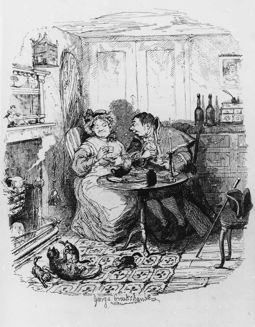 Mr Bumble és Mrs Corney teázik, Charles Dickens (1812-70) Twist Olivér kalandjai című művéből (1838) 1838 alkotó: George Cruikshank