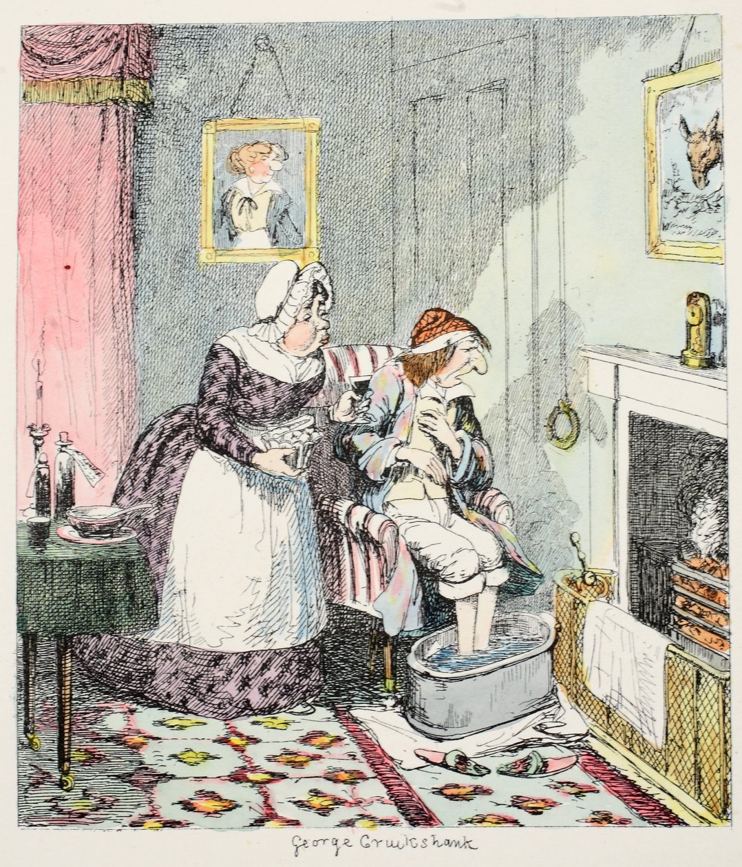 Mr. Lambkint ápolni kell, és rendszeres orvosi kúrán kell keresztülmennie, sok keserű tablettát bevenni, és Mrs. Slope minden édes meggyőző erejére van szüksége ahhoz, hogy bevegye ezt a szörnyűséget. alkotó: George Cruikshank