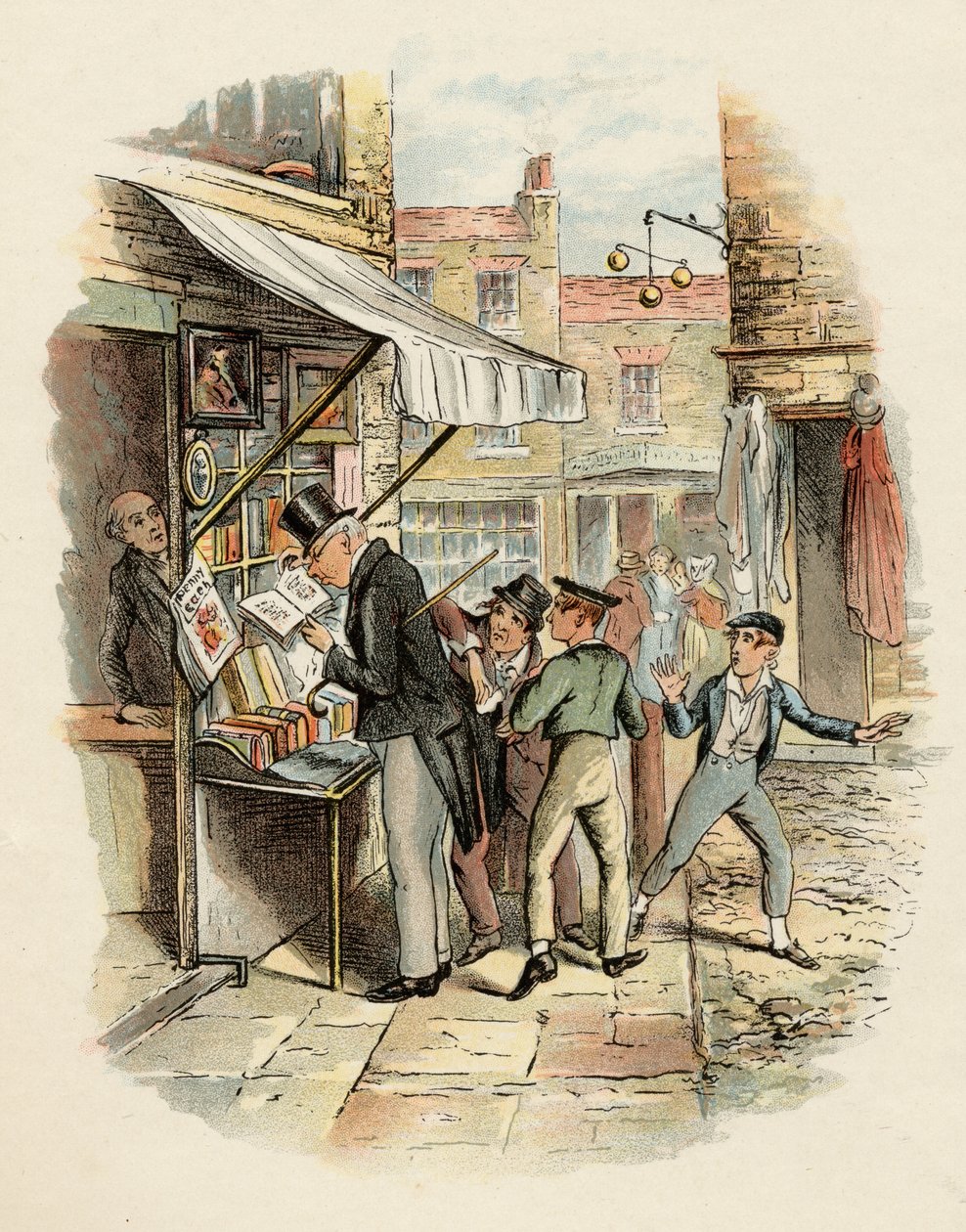 Olivert lenyűgözte a "Going to Work" Dodgers-módja, Charles Dickens (1812-70) "Twist Oliver kalandjai" című művéből, 1838, Chapman és Hall, 1901 (színes litó) alkotó: George Cruikshank