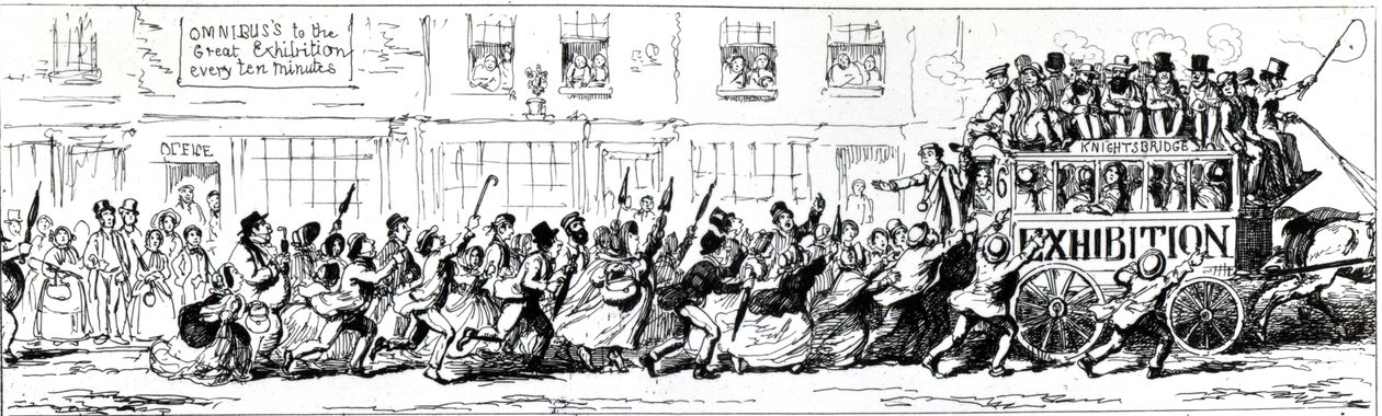 „Omnibuszok a Nagy Kiállításra tízpercenként”, részlet az Odds and Ends-ből, be, ki és kb., 1851 (151675 részlet) alkotó: George Cruikshank