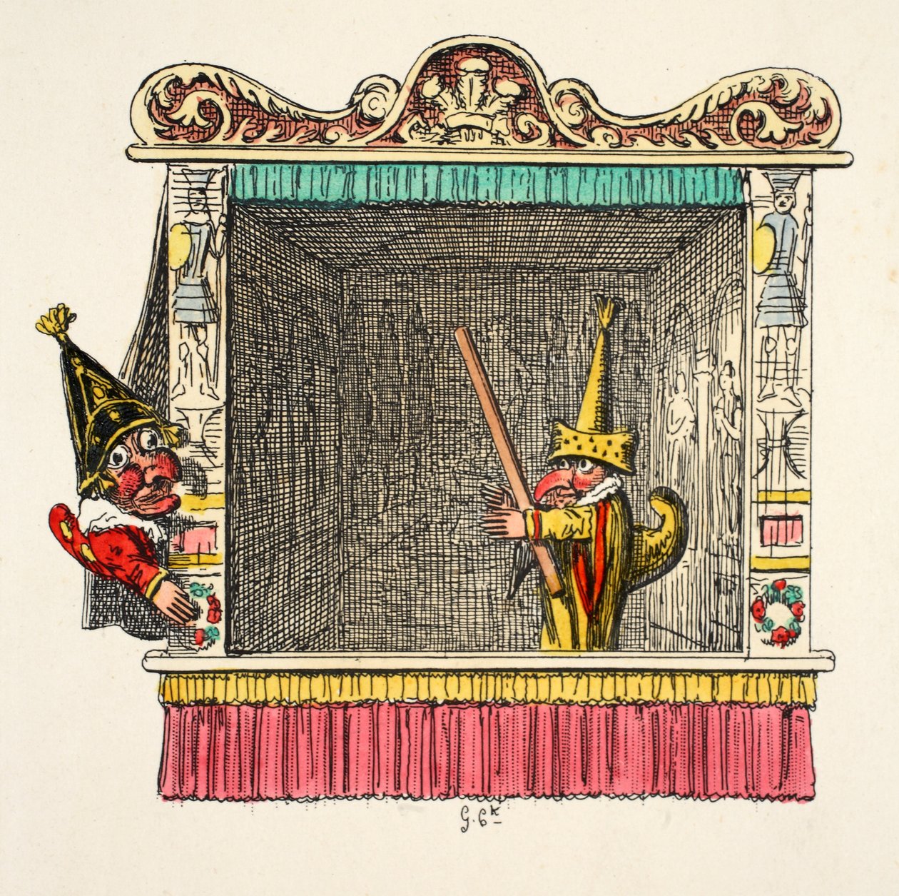 Punch és Scaramouch a „Punch and Judy” kocsmából. 1827 (kézzel színezett metszet) alkotó: George Cruikshank