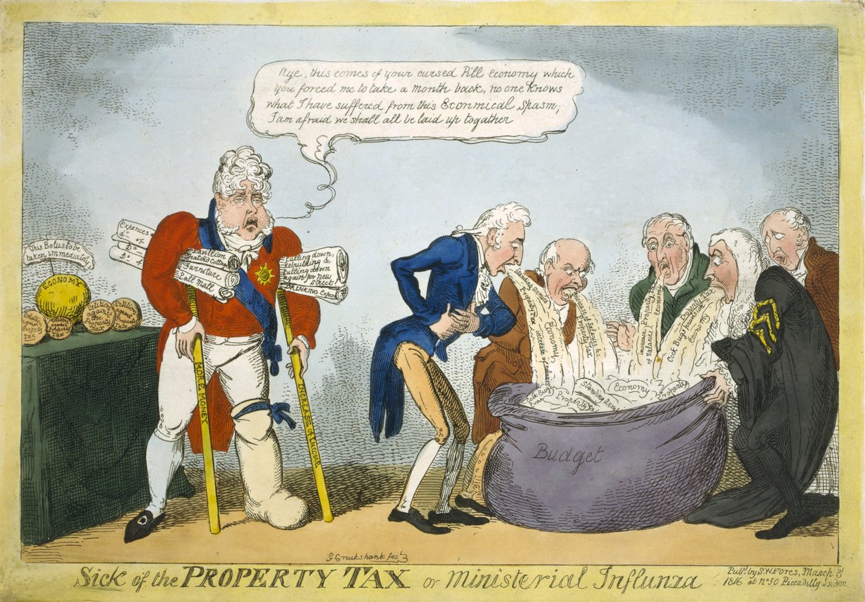 Beteg az ingatlanadótól vagy a miniszteri influenzától, 1816 (kézzel színezett rézkarc) alkotó: George Cruikshank