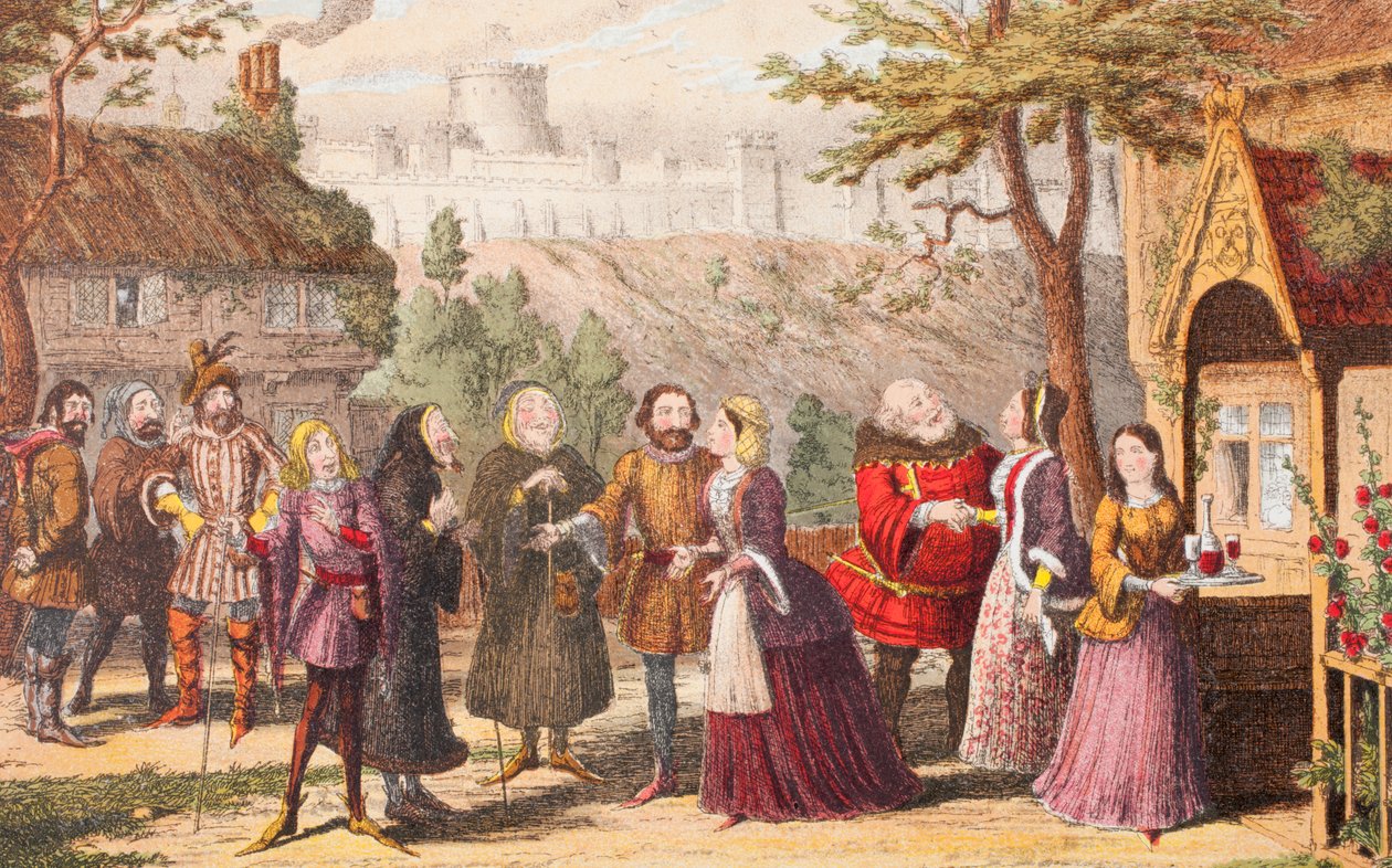 Sir John Falstaff barátjához, Page-hez látogat Windsorban, illusztráció a Windsori víg feleségekből, a The Illustrated Library Shakespeare-ből, 1890-ben Londonban alkotó: George Cruikshank