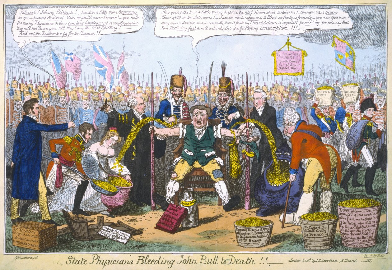 John Bull-t kivéreztető állami orvosok!!, 1816 (kézi színezésű metszet) alkotó: George Cruikshank
