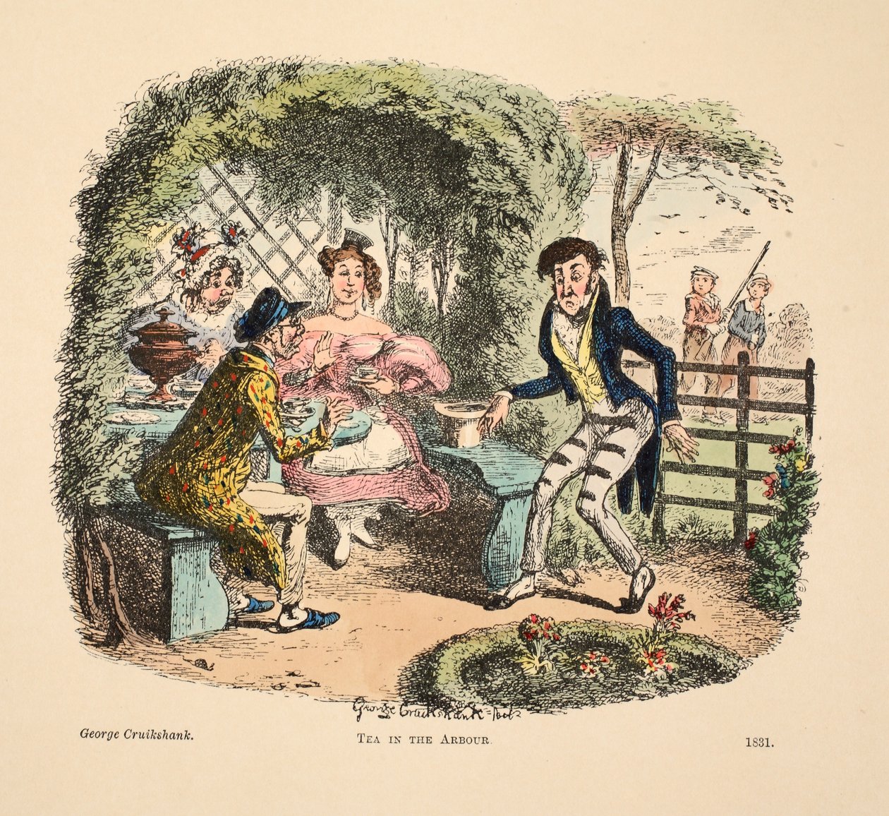 Tea a lugasban, kocsma. 1831 (kézzel színezett metszet) alkotó: George Cruikshank