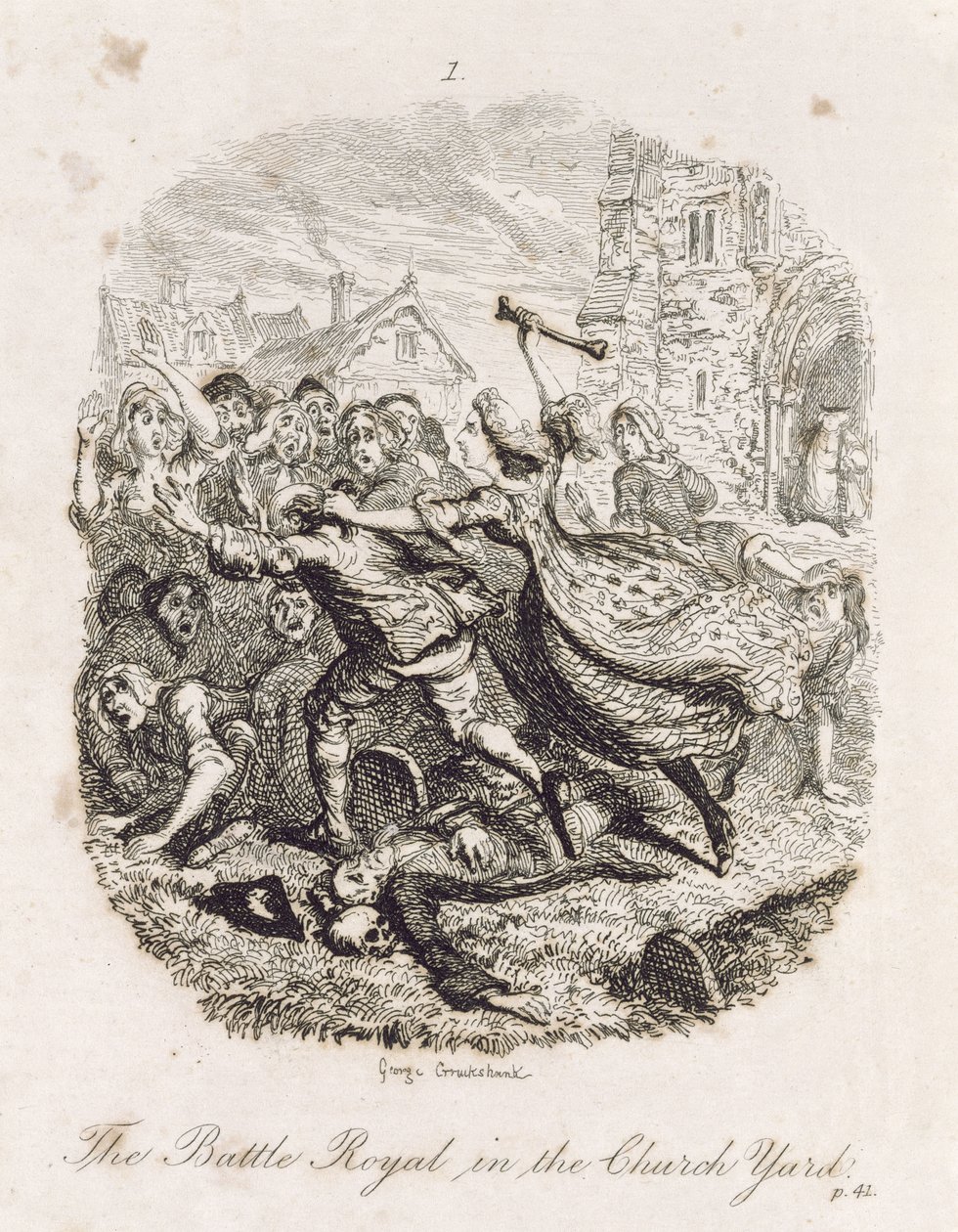 A királyi csata a templomkertben, a "Tom Jones, egy lelenc története" című műből, a művész metszete, illusztráció a "The Works of Henry Fielding" című műből, kiadó: Henry G. Bohn, 1853. alkotó: George Cruikshank