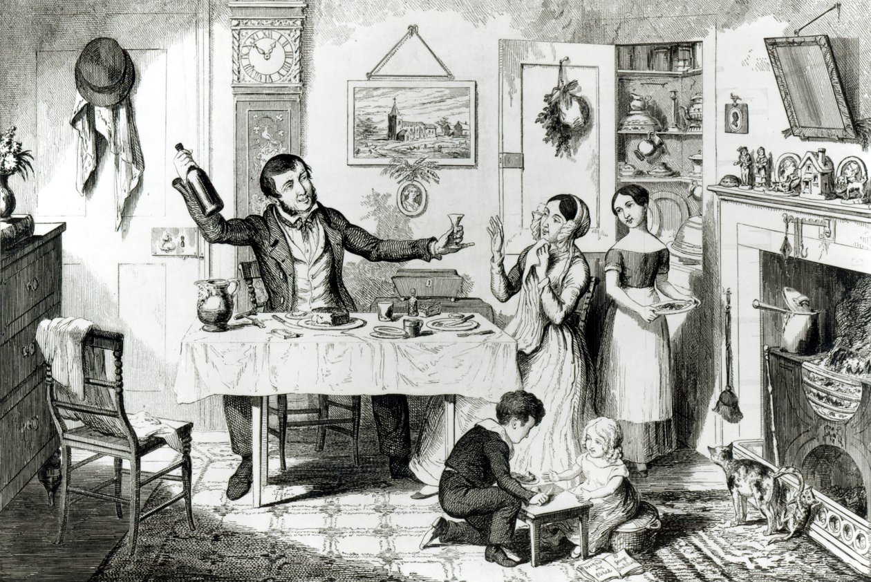 A palack, I. tányér, A palack először készül: a férj ráveszi a feleségét, hogy "Csak egy cseppet vegyek", 1847, alkotó: George Cruikshank