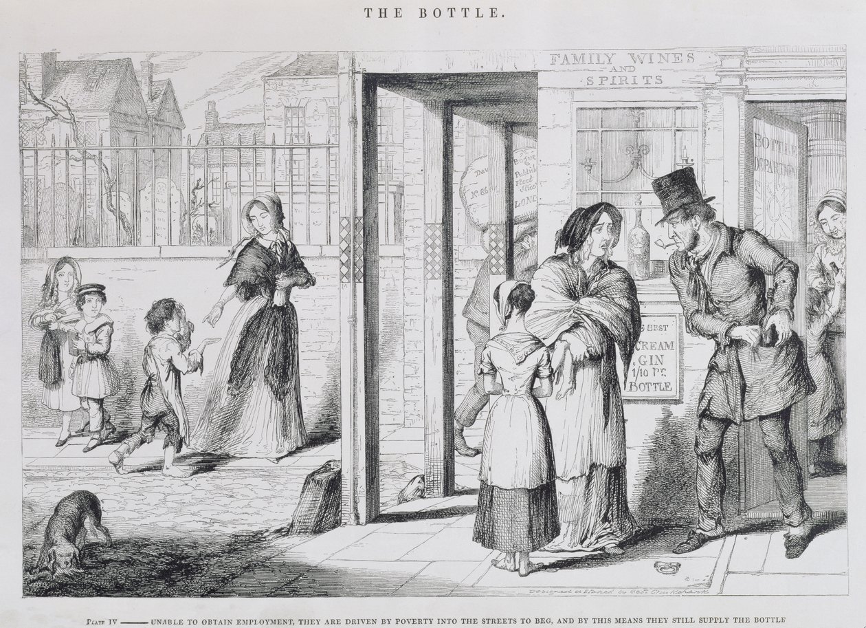 A palack, IV. tábla, Nem tudnak elhelyezkedni, a szegénység az utcára sodorja koldulni, és így továbbra is szállítják a palackot, 1847 alkotó: George Cruikshank