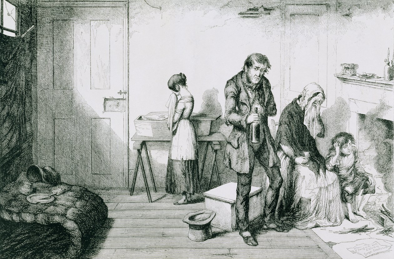 A palack, V. tábla, Hideg, nyomor és nélkülözés pusztítja legfiatalabb gyermeküket: a palackkal vigasztalják magukat, 1847. alkotó: George Cruikshank