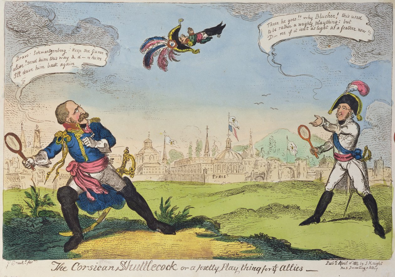 A Korzikai Shuttlecock, 1814 (színes litográfia) alkotó: George Cruikshank