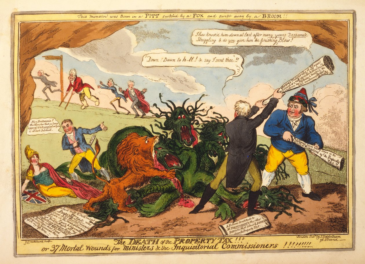 Az ingatlanadó halála!! vagy 37 Mortal Wounds for Ministers and the Inquisitional Commissioners, pub. 1816 (kézzel színezett metszet) alkotó: George Cruikshank