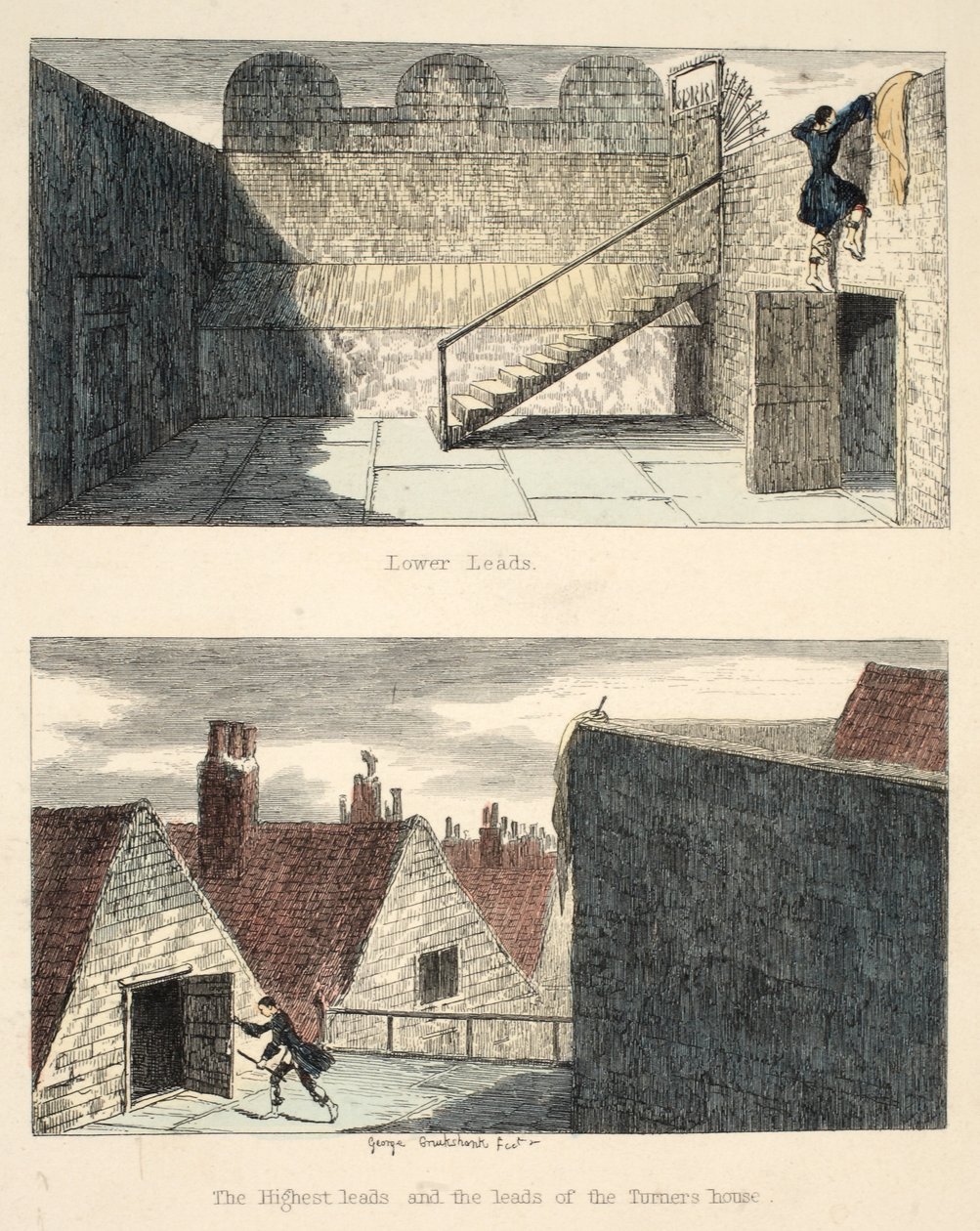 The Escape No. 3, illusztráció: Jack Sheppard: A romance, William Harrison Ainsworth, megjelent 1839-ben (kézzel színes rézkarc) alkotó: George Cruikshank