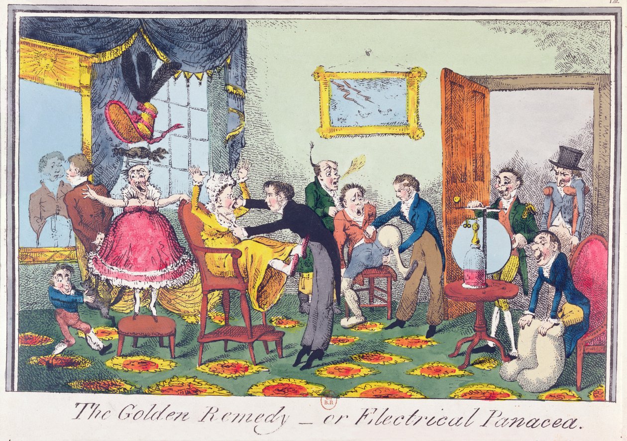 The Golden Remedy vagy Electrical Panacea, 1818 (színes rézkarc) alkotó: George Cruikshank