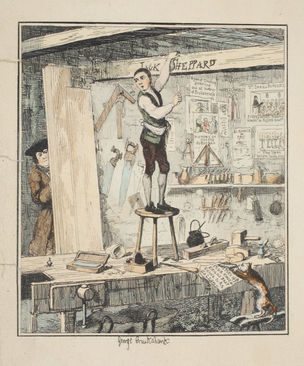 A név a gerendán, Jack Sheppard illusztrációja: A Romance by William Harrison Ainsworth, megjelent 1839-ben (kézi színes metszet). alkotó: George Cruikshank