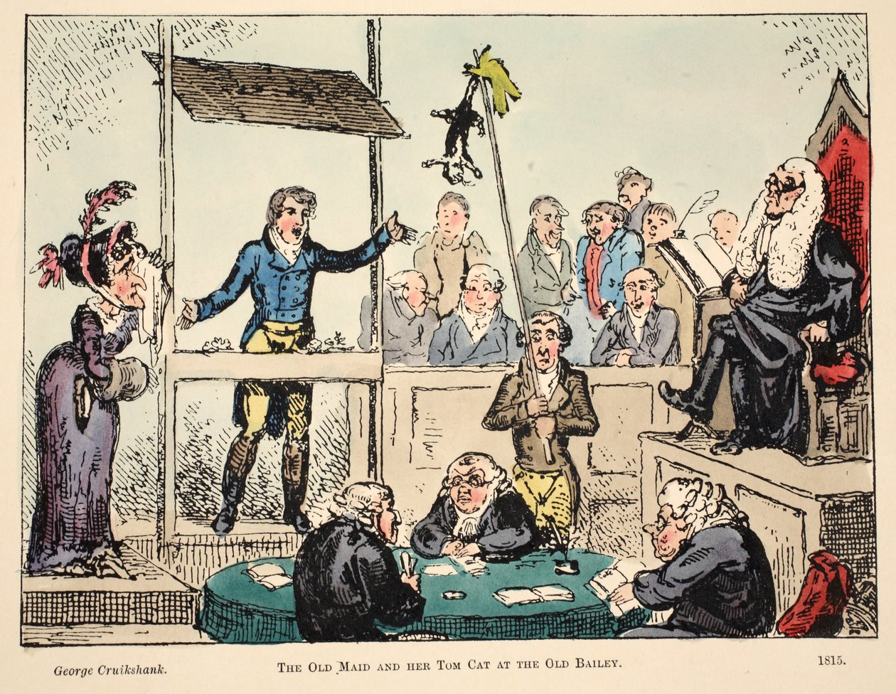 Az öreg szobalány és a Tom Cat az Old Bailey-ben, pub. 1815 (kézi színes metszet) alkotó: George Cruikshank