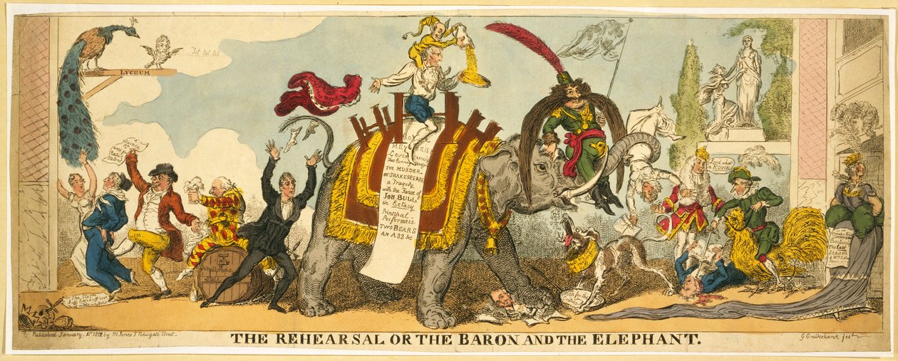 A próba vagy a báró és az elefánt, kocsma. 1812 (kézzel színezett metszet) alkotó: George Cruikshank