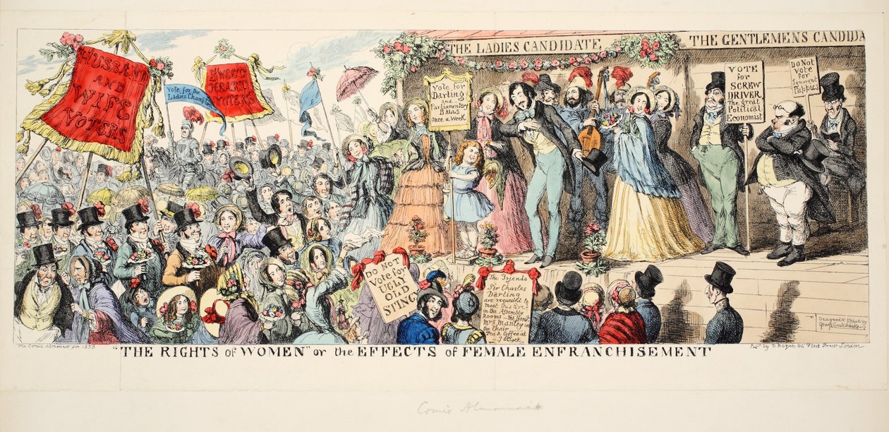 The Rights of Women, or the Effects of Female Enfrachisement, pub. 1853 (kézzel színezett metszet) alkotó: George Cruikshank