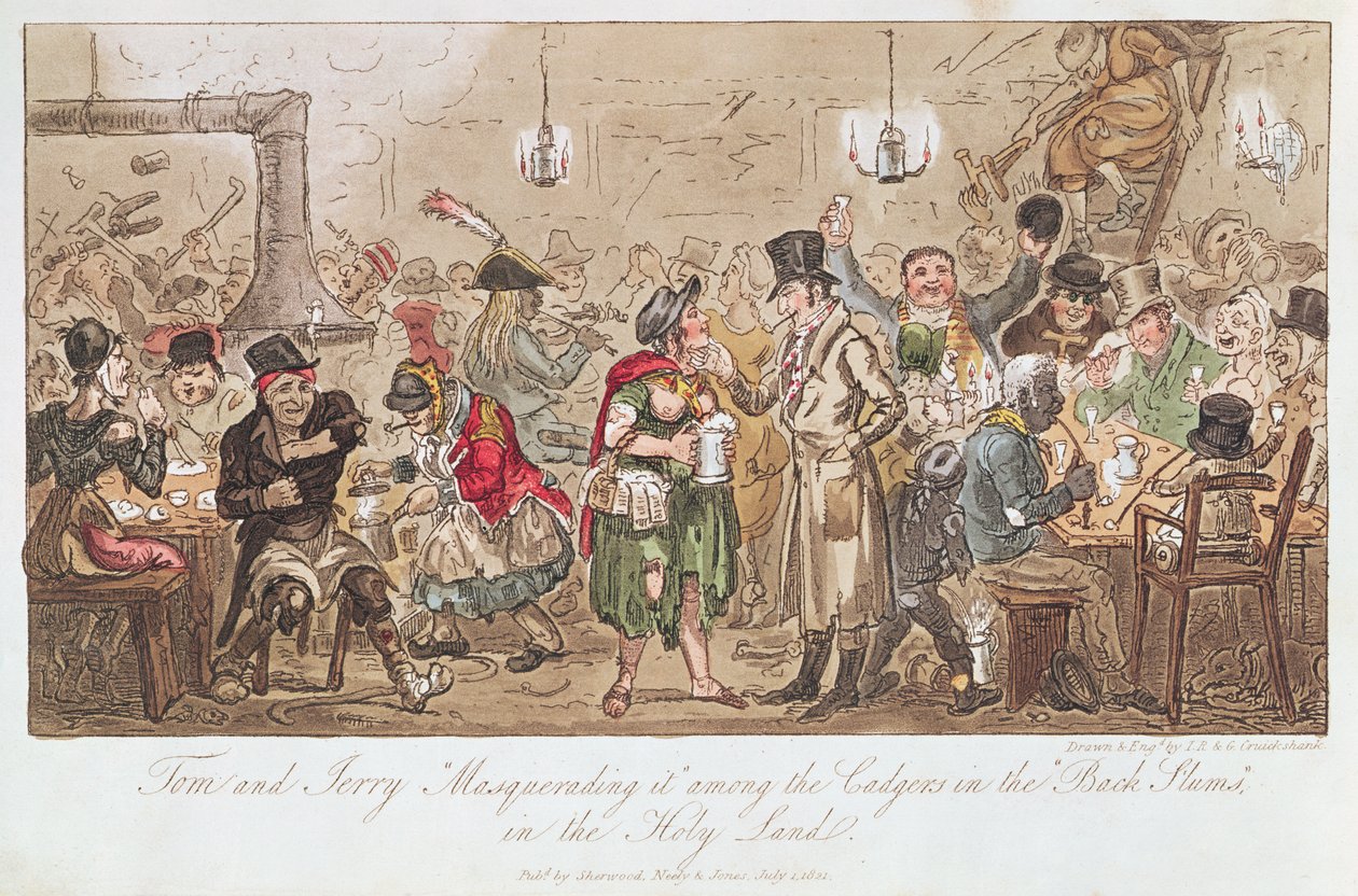 Tom és Jerry „Maszkírozása” a „Hátsó nyomornegyedekben” a Cadgerek között a Szentföldön, Pierce Egan (1772-1849) „Life in London” című művéből, Sherwood, Neely und Jones, 1821 (színes rézkarc) alkotó: George Cruikshank