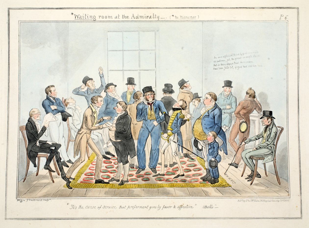 Váróterem az Admiralitásnál, a The Progress of a Midshipman, pubból. 1835 (kézzel színezett metszet) alkotó: George Cruikshank