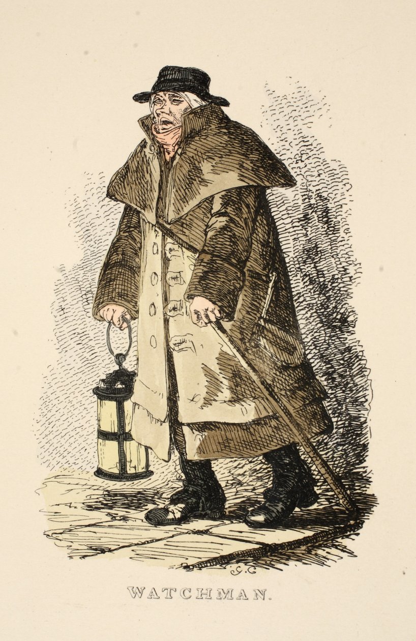 Watchman a The Gentlemans Pocket Magazine-ból, pub. 1827 (kézzel színezett metszet) alkotó: George Cruikshank