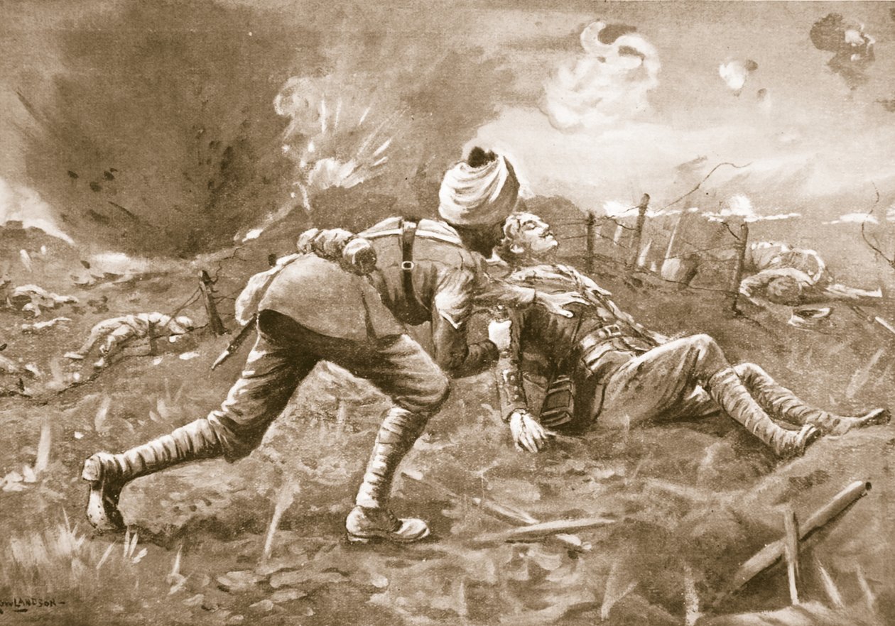 Lance-Naik Lala egy sebesült tisztet, akit az ellenség közelében fekve talált, egy óvóhelyre vonszol, és ott bekötözi a sebeit. alkotó: George Derville Rowlandson